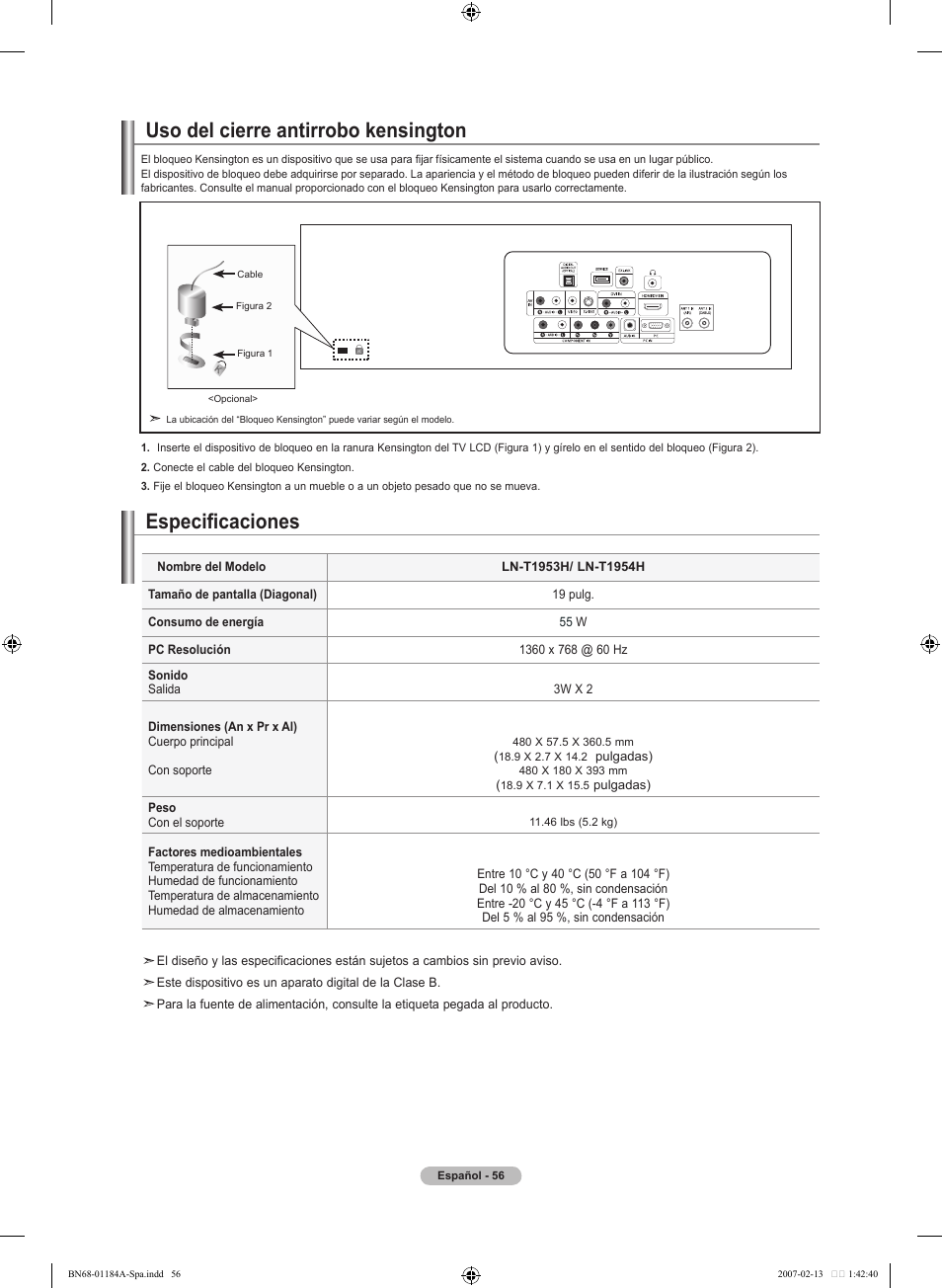 Uso del cierre antirrobo kensington, Especificaciones | Samsung LNT1954HX-XAA User Manual | Page 115 / 116