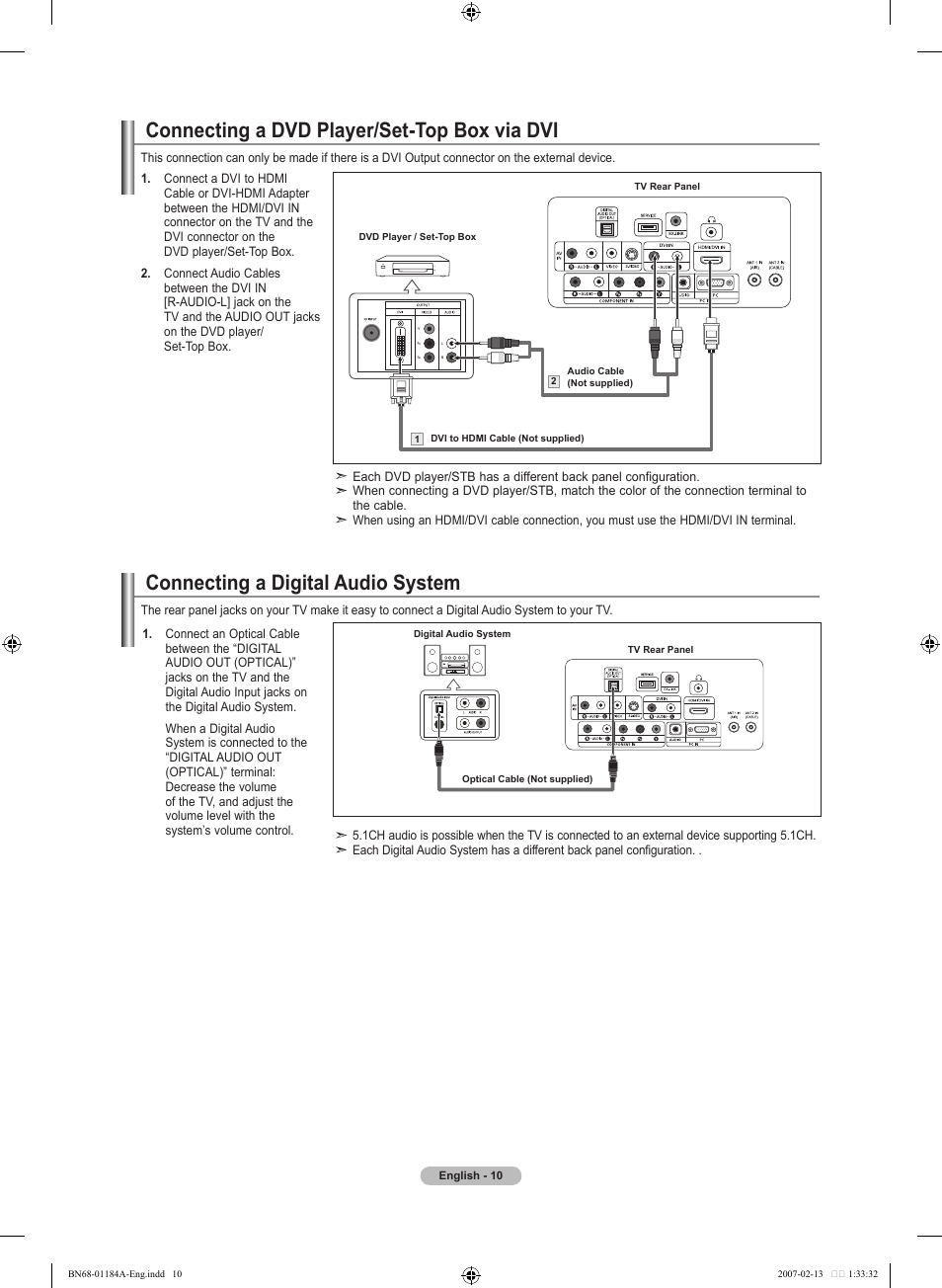 Connecting a dvd player/set-top box via dvi, Connecting a digital audio system | Samsung LNT1954HX-XAA User Manual | Page 12 / 116