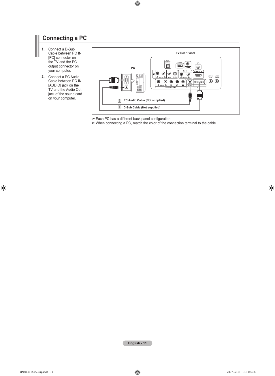 Connecting a pc | Samsung LNT1954HX-XAA User Manual | Page 13 / 116