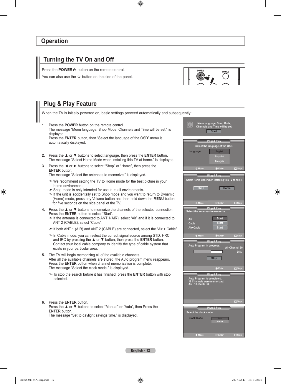 Operation, Turning the tv on and off, Plug & play feature | Operation plug & play feature | Samsung LNT1954HX-XAA User Manual | Page 14 / 116