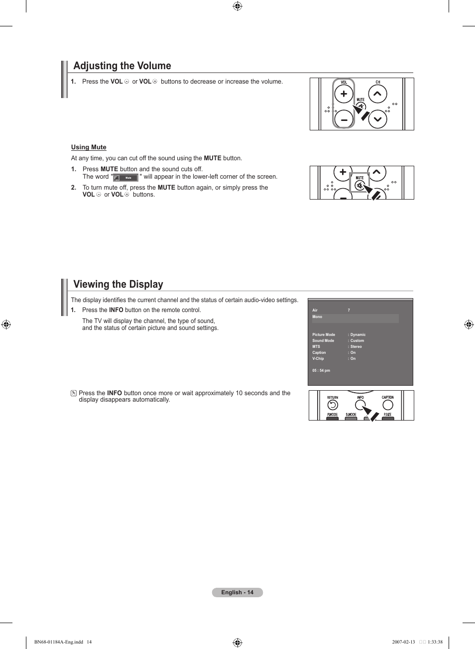 Adjusting the volume, Viewing the display | Samsung LNT1954HX-XAA User Manual | Page 16 / 116
