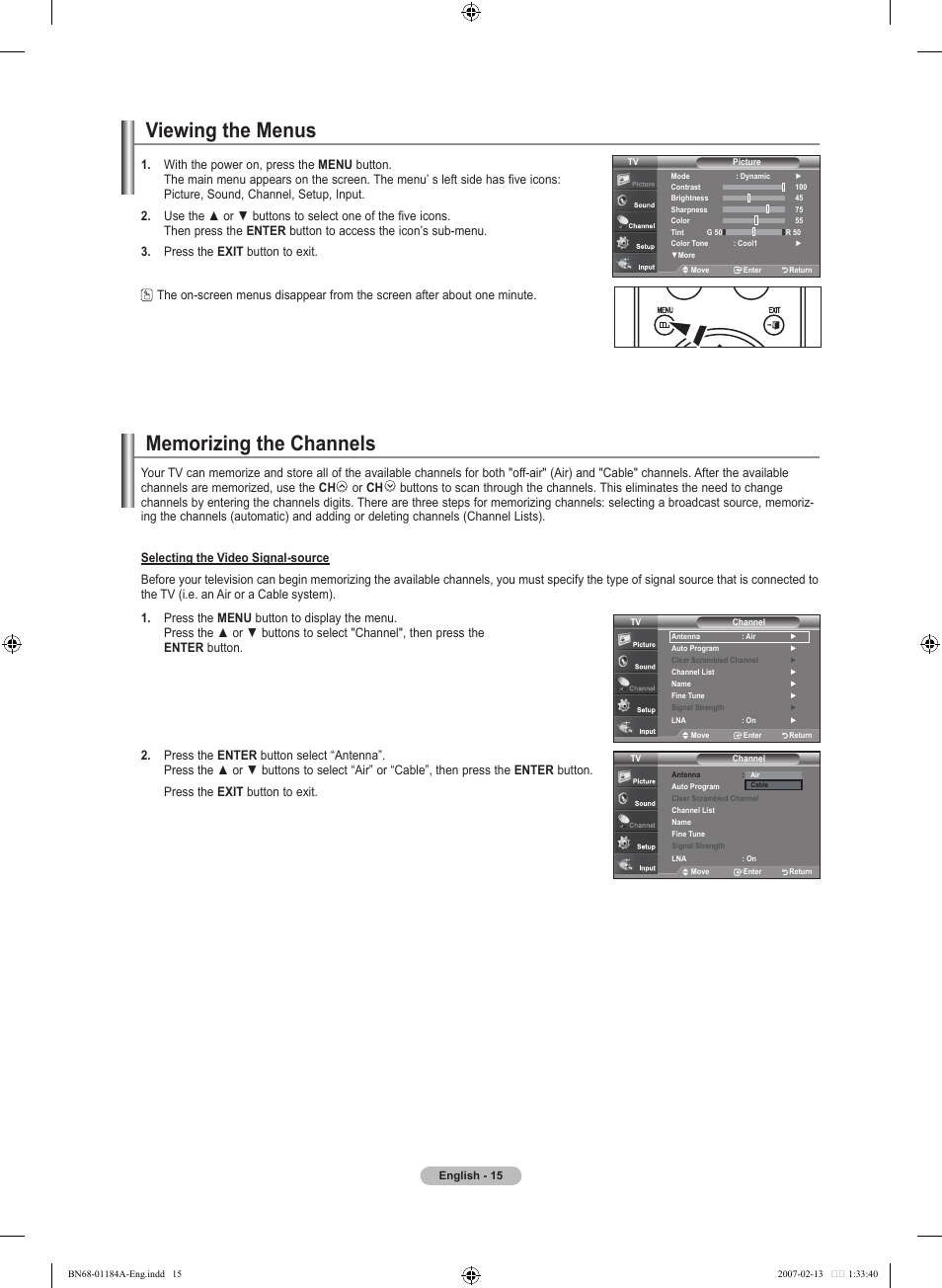 Viewing the menus, Memorizing the channels | Samsung LNT1954HX-XAA User Manual | Page 17 / 116