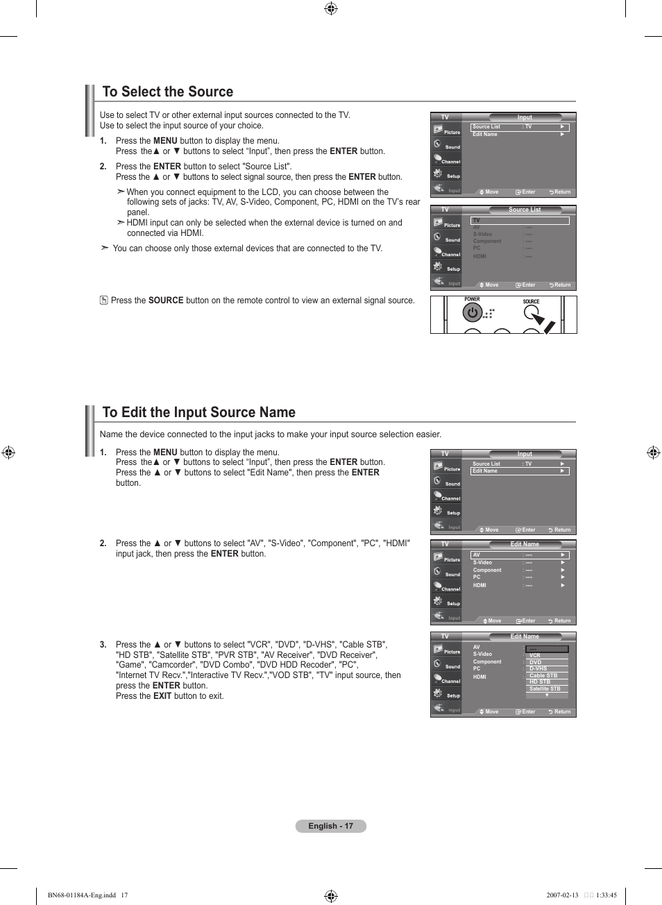 To select the source, To edit the input source name | Samsung LNT1954HX-XAA User Manual | Page 19 / 116