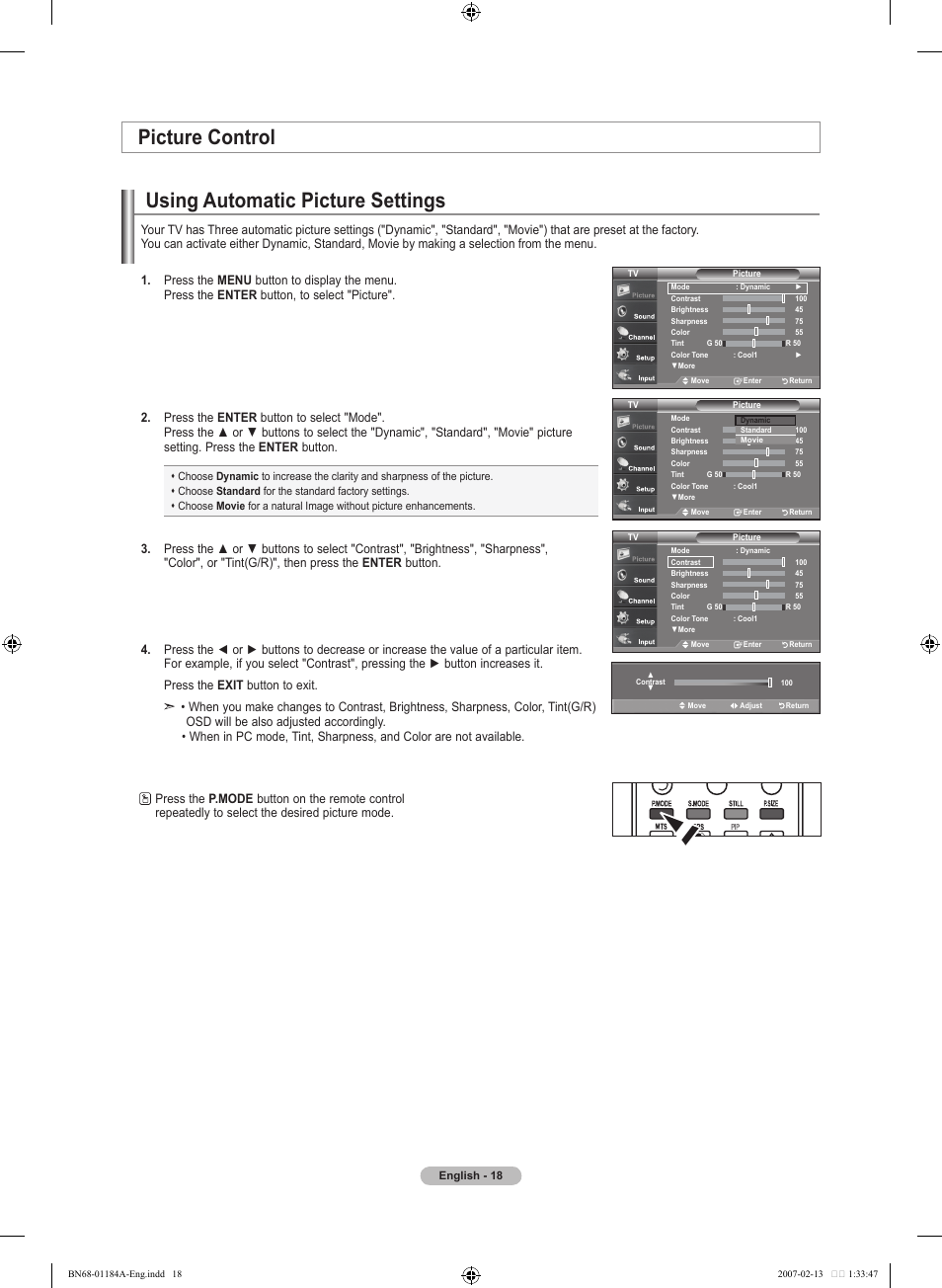 Picture control, Using automatic picture settings | Samsung LNT1954HX-XAA User Manual | Page 20 / 116