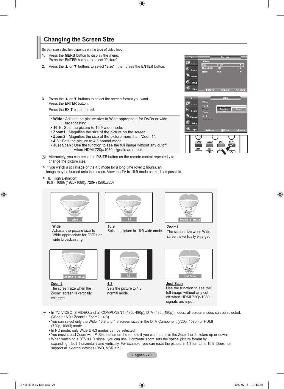 Changing the screen size | Samsung LNT1954HX-XAA User Manual | Page 22 / 116