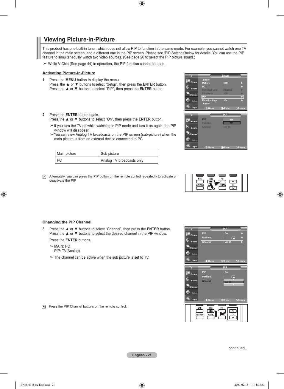 Viewing picture-in-picture | Samsung LNT1954HX-XAA User Manual | Page 23 / 116