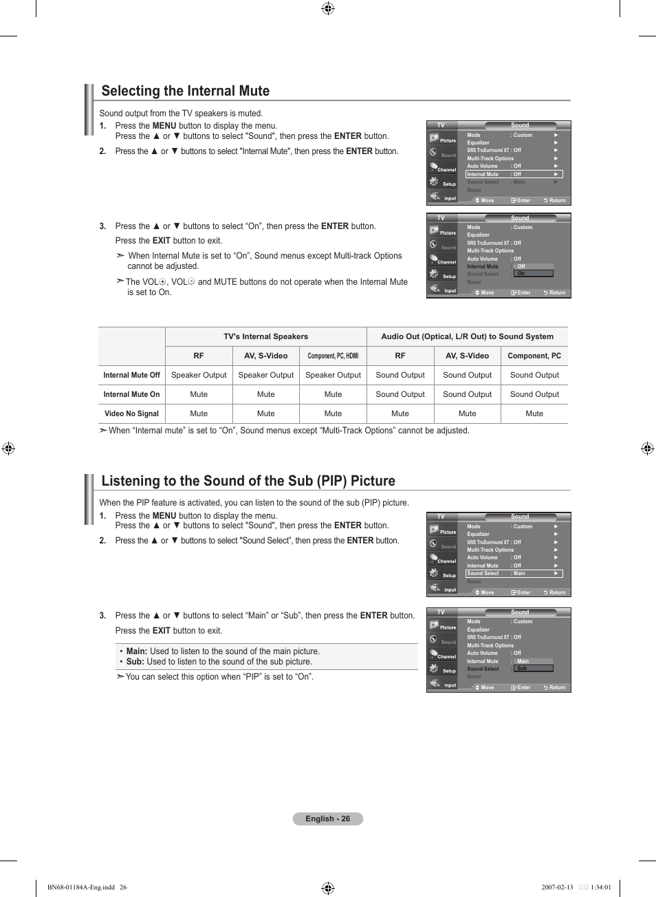 Selecting the internal mute, Listening to the sound of the sub (pip) picture | Samsung LNT1954HX-XAA User Manual | Page 28 / 116