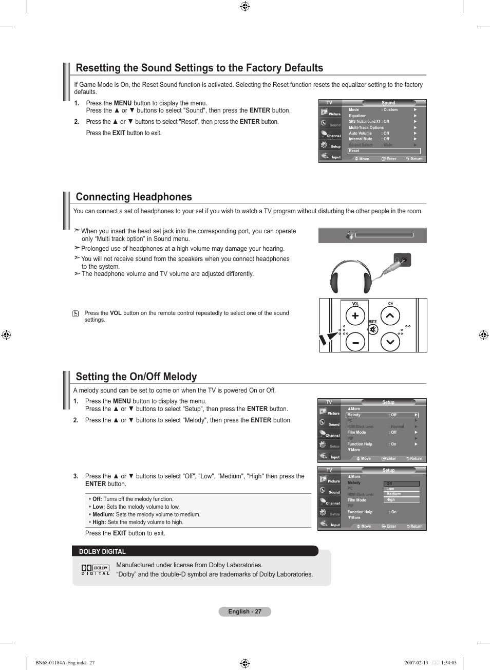 Connecting headphones, Setting the on/off melody | Samsung LNT1954HX-XAA User Manual | Page 29 / 116