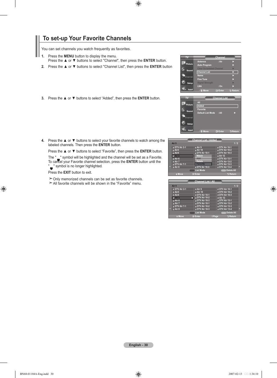 To set-up your favorite channels | Samsung LNT1954HX-XAA User Manual | Page 32 / 116