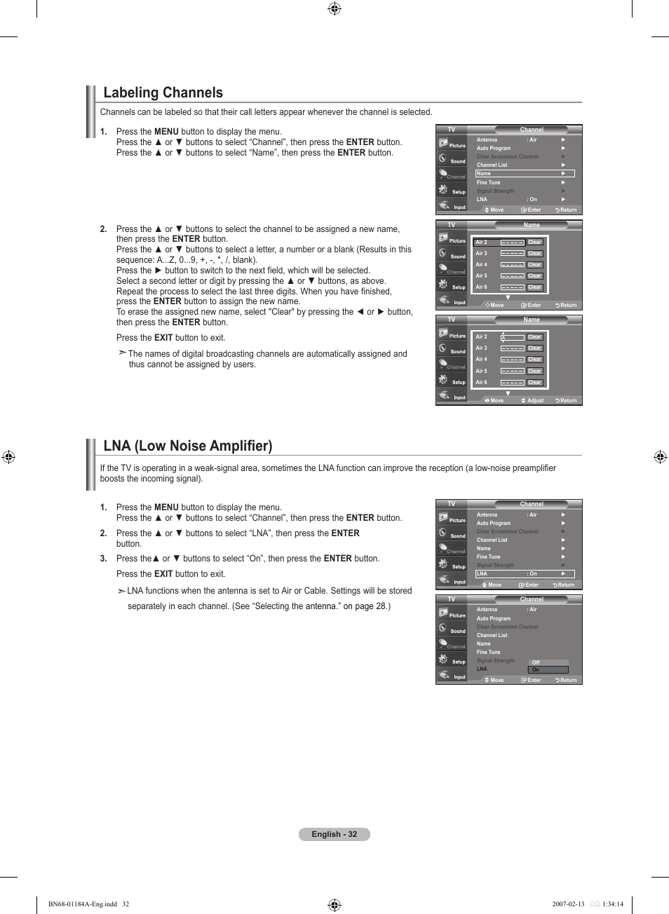 Labeling channels, Lna (low noise amplifier) | Samsung LNT1954HX-XAA User Manual | Page 34 / 116