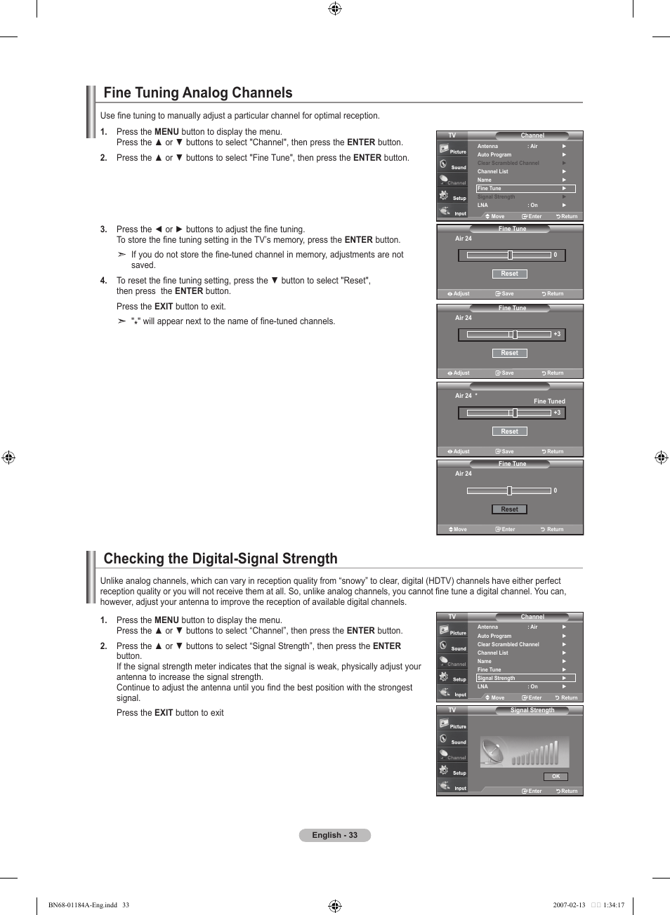 Fine tuning analog channels, Checking the digital-signal strength | Samsung LNT1954HX-XAA User Manual | Page 35 / 116