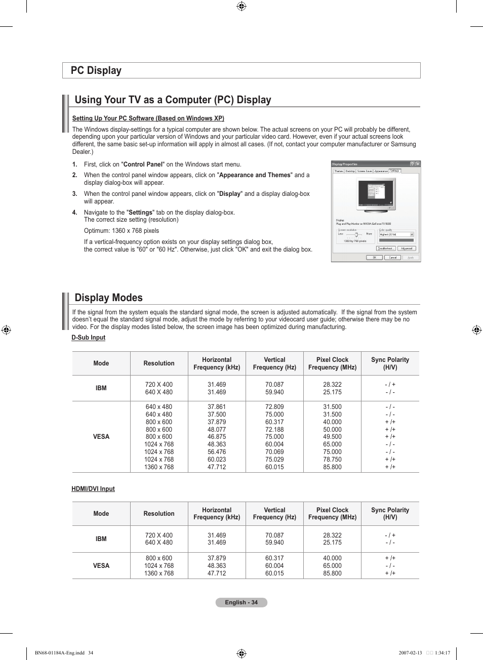 Pc display, Using your tv as a computer (pc) display, Display modes | Samsung LNT1954HX-XAA User Manual | Page 36 / 116