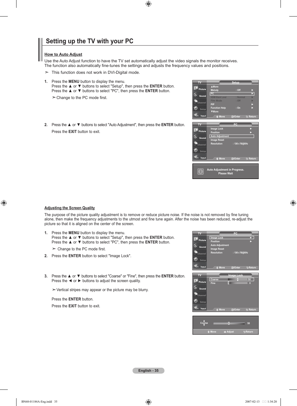 Setting up the tv with your pc, This function does not work in dvi-digital mode | Samsung LNT1954HX-XAA User Manual | Page 37 / 116