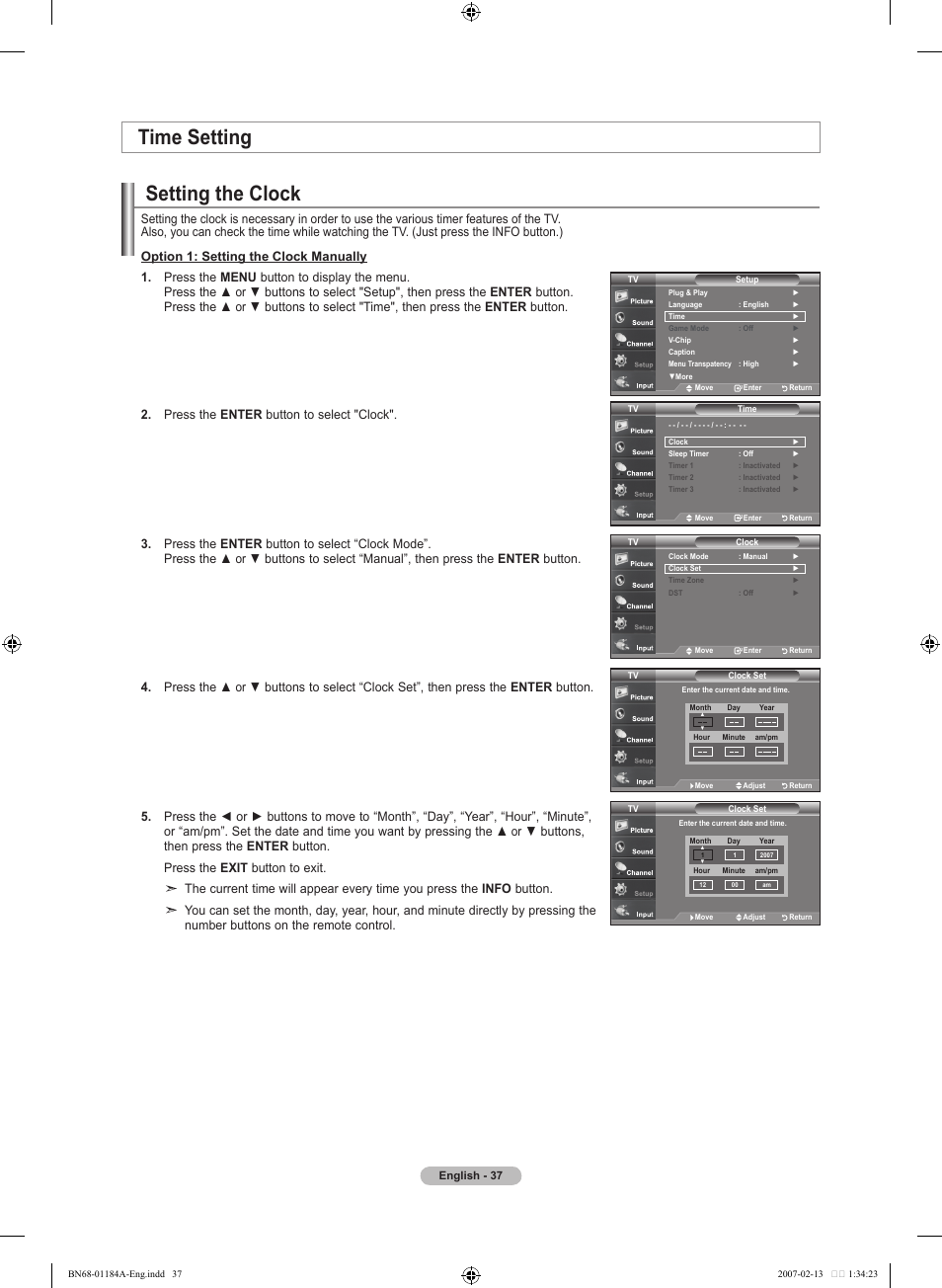 Time setting, Setting the clock | Samsung LNT1954HX-XAA User Manual | Page 39 / 116