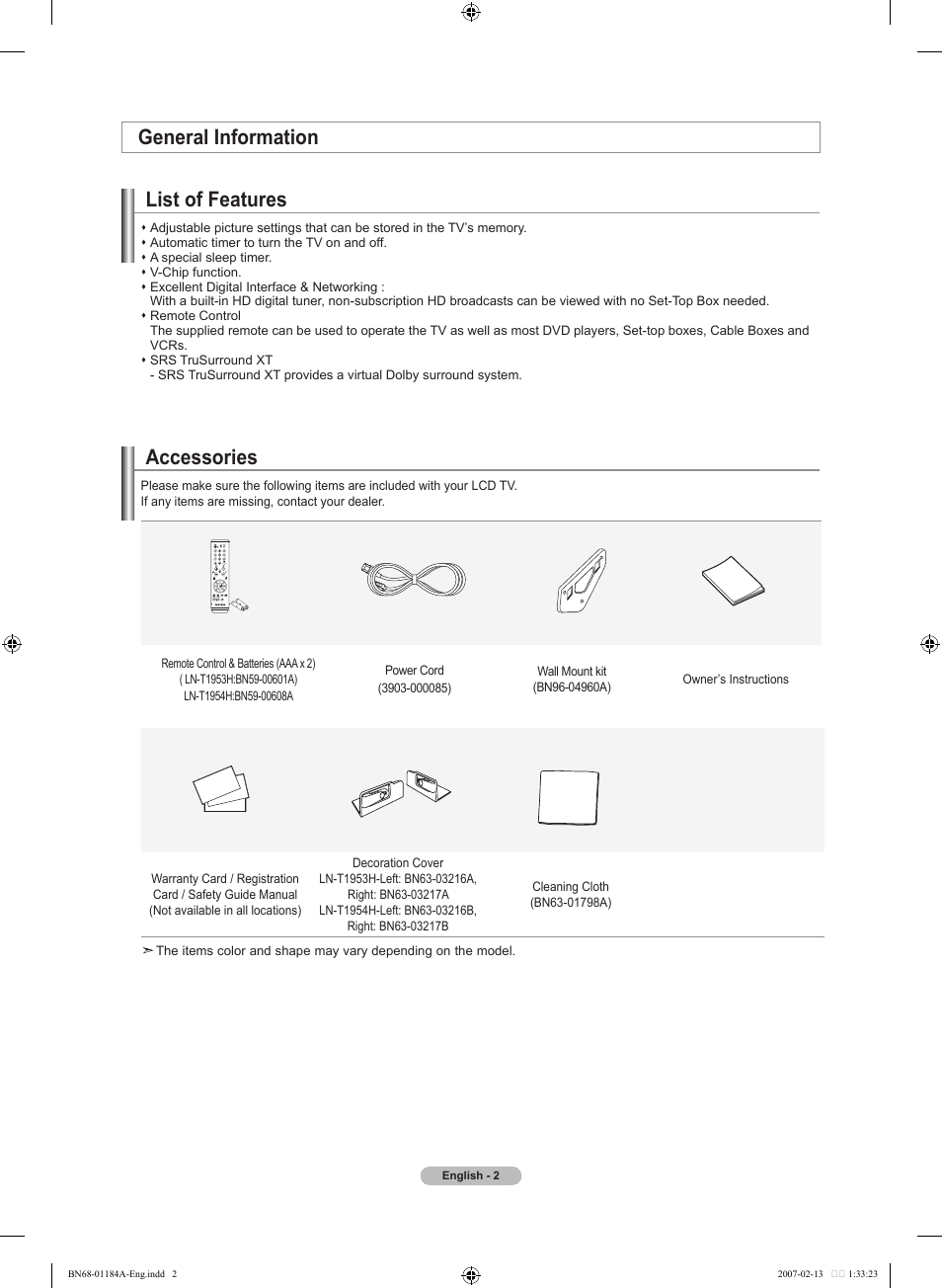 General information, List of features, Accessories | General information list of features | Samsung LNT1954HX-XAA User Manual | Page 4 / 116