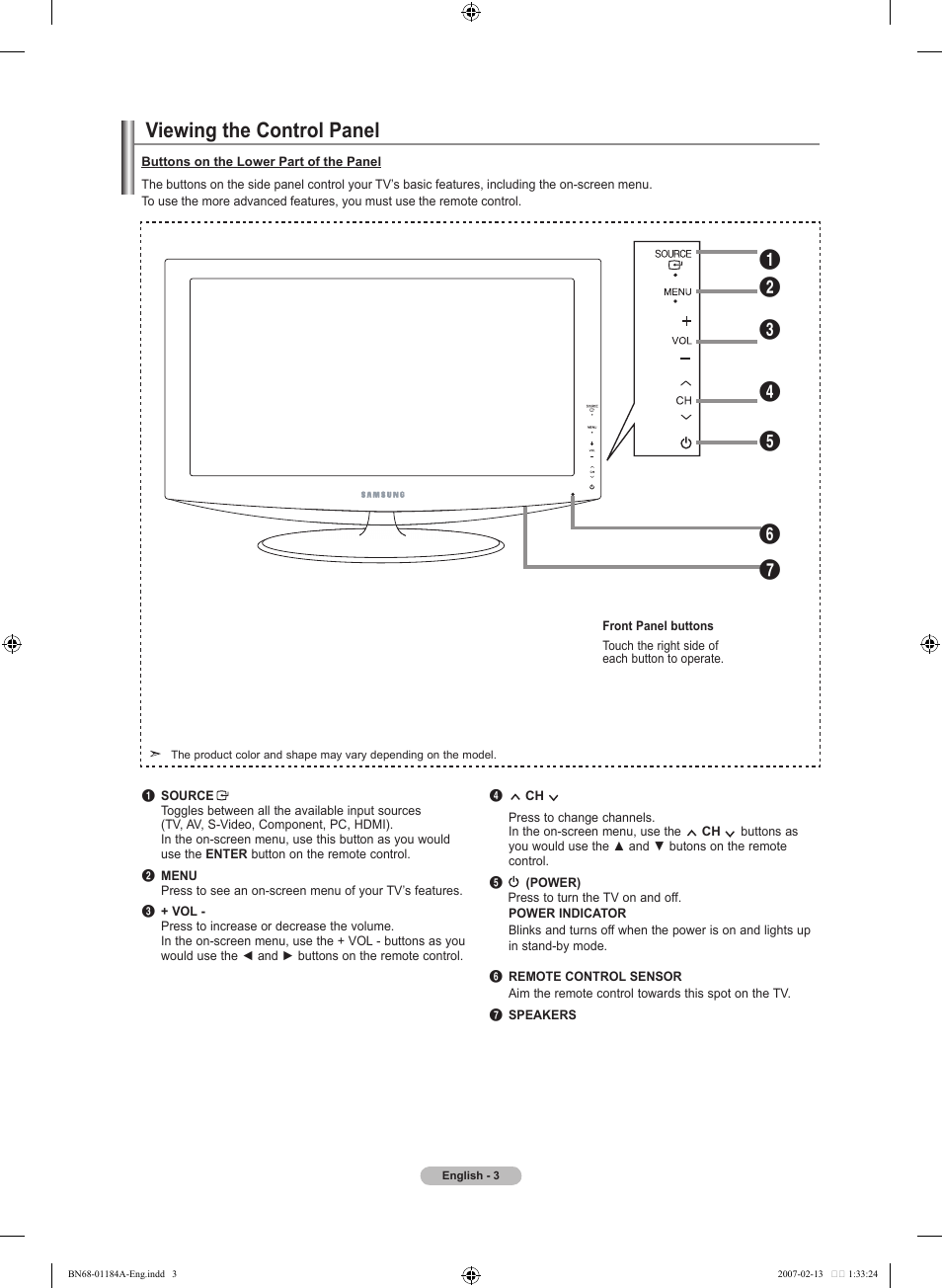 Viewing the control panel | Samsung LNT1954HX-XAA User Manual | Page 5 / 116