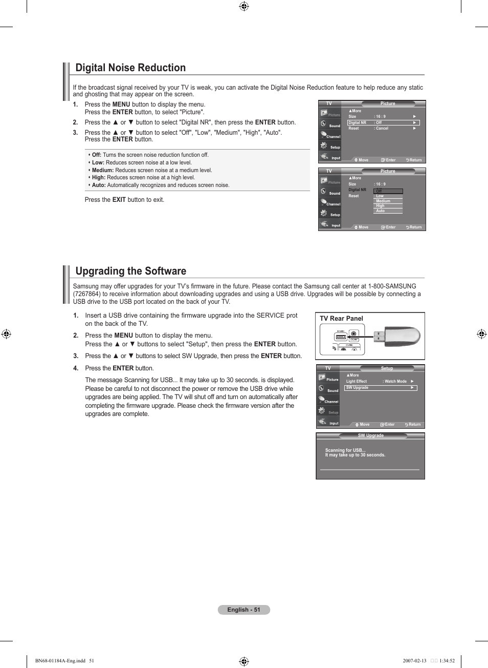 Digital noise reduction, Upgrading the software | Samsung LNT1954HX-XAA User Manual | Page 53 / 116