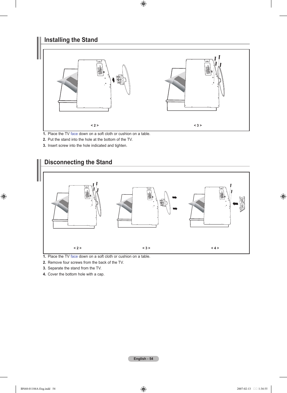 Installing the stand, Disconnecting the stand | Samsung LNT1954HX-XAA User Manual | Page 56 / 116
