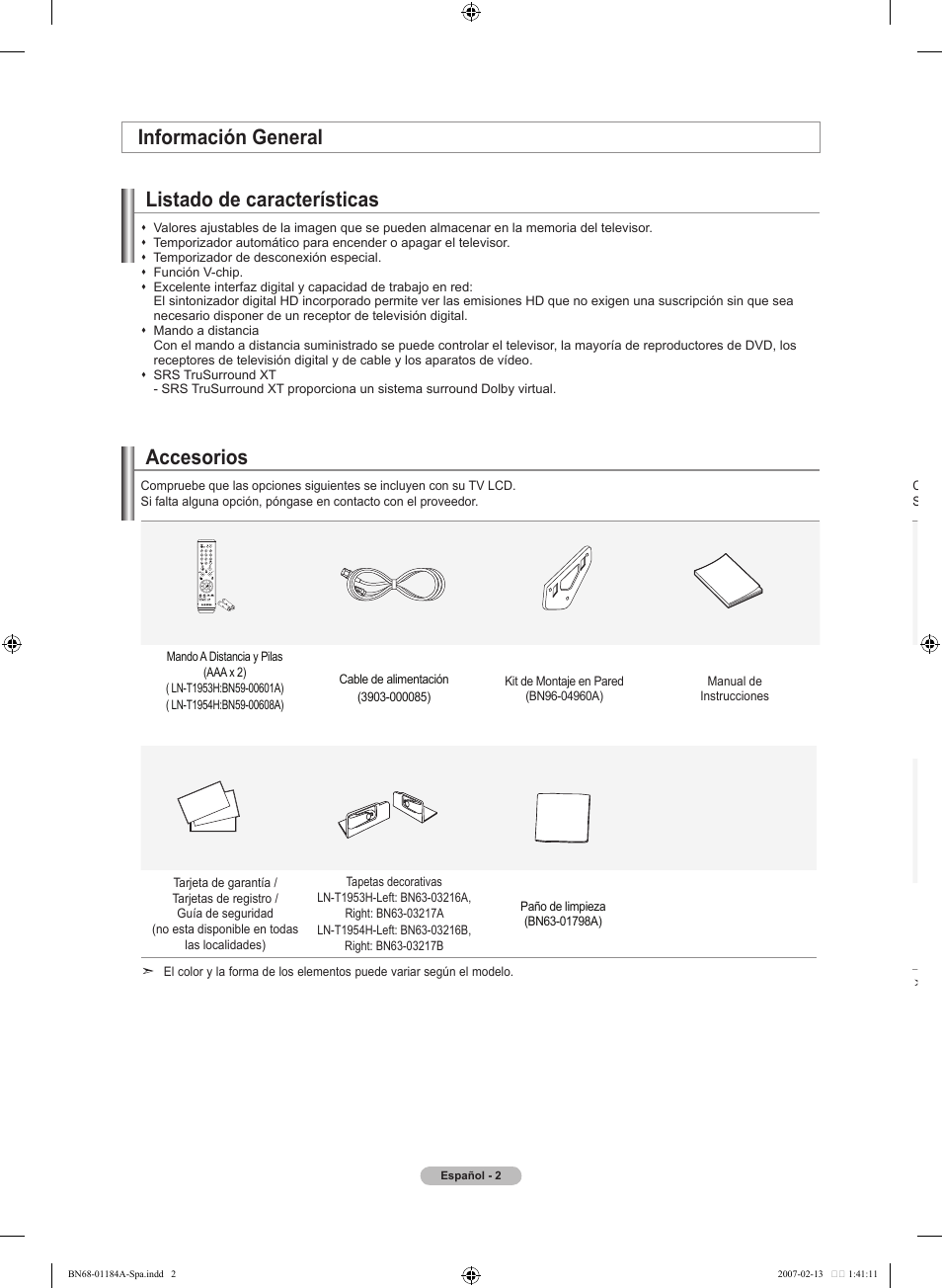 Accesorios, Información general listado de características | Samsung LNT1954HX-XAA User Manual | Page 61 / 116