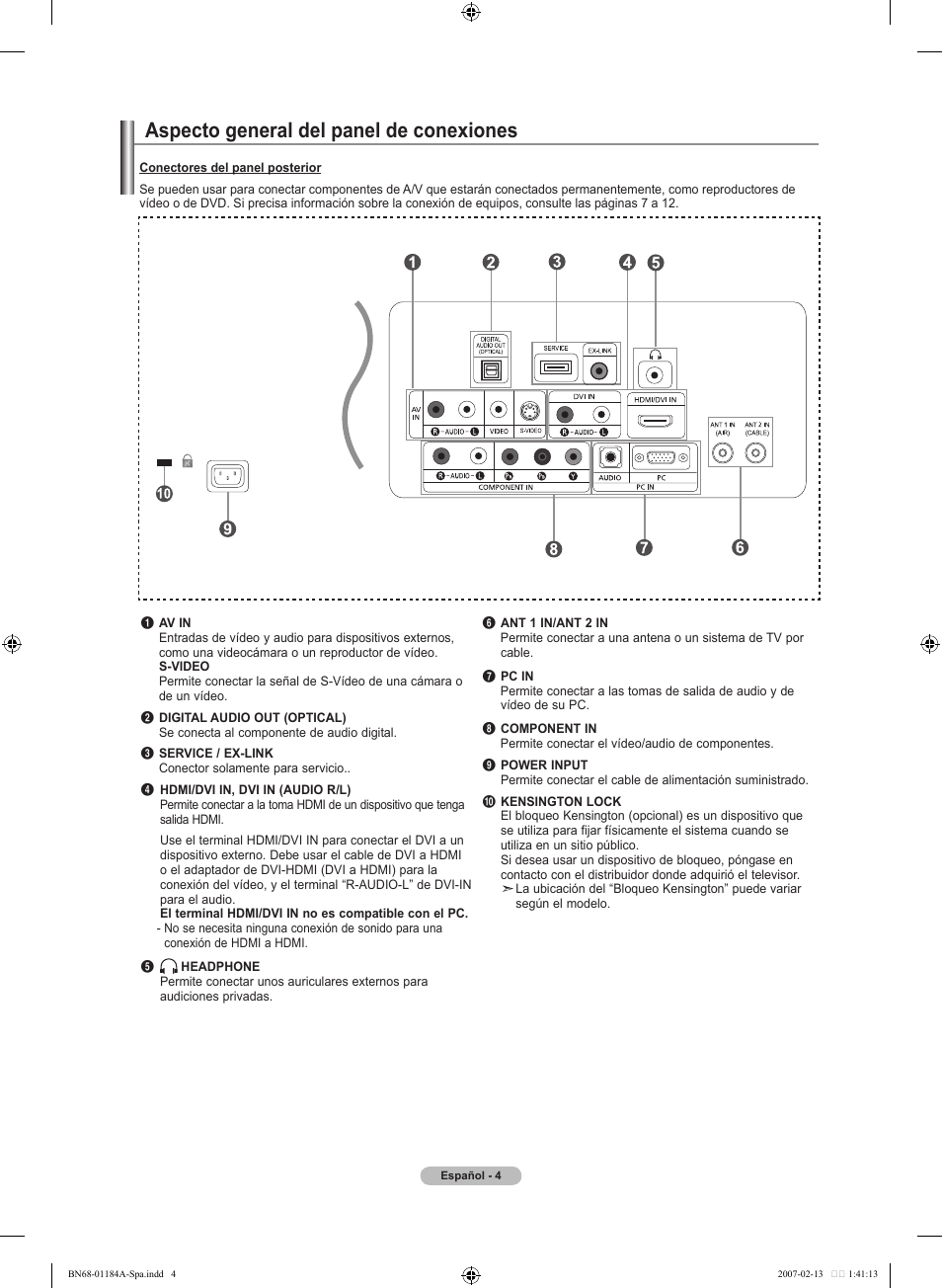 Aspecto general del panel de conexiones | Samsung LNT1954HX-XAA User Manual | Page 63 / 116