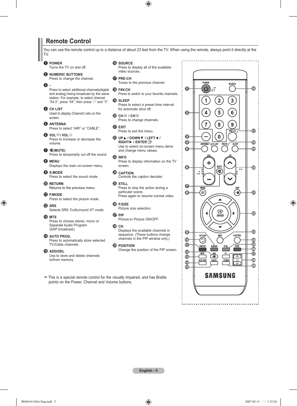 Remote control | Samsung LNT1954HX-XAA User Manual | Page 7 / 116