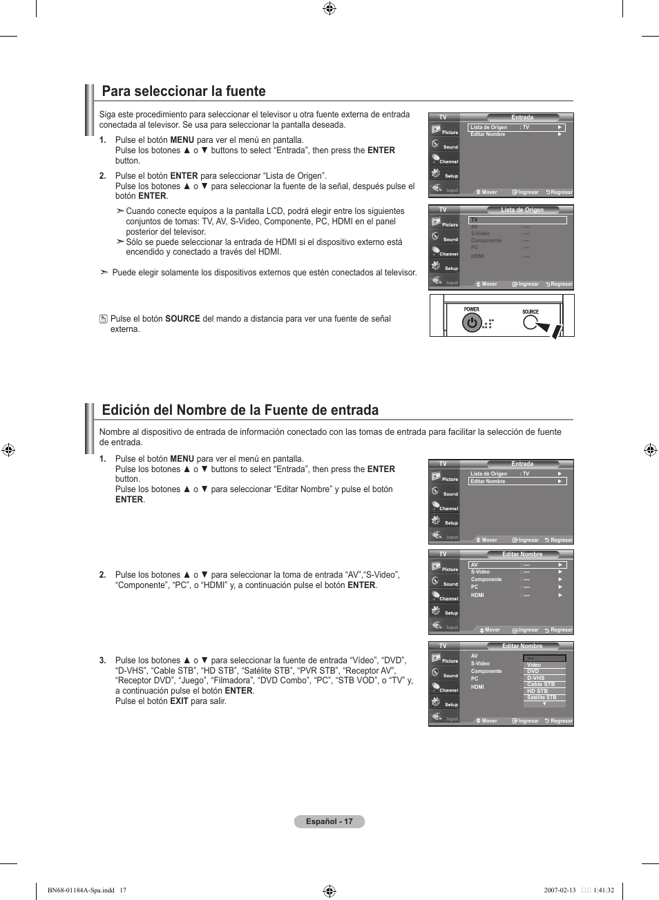 Para seleccionar la fuente, Edición del nombre de la fuente de entrada | Samsung LNT1954HX-XAA User Manual | Page 76 / 116