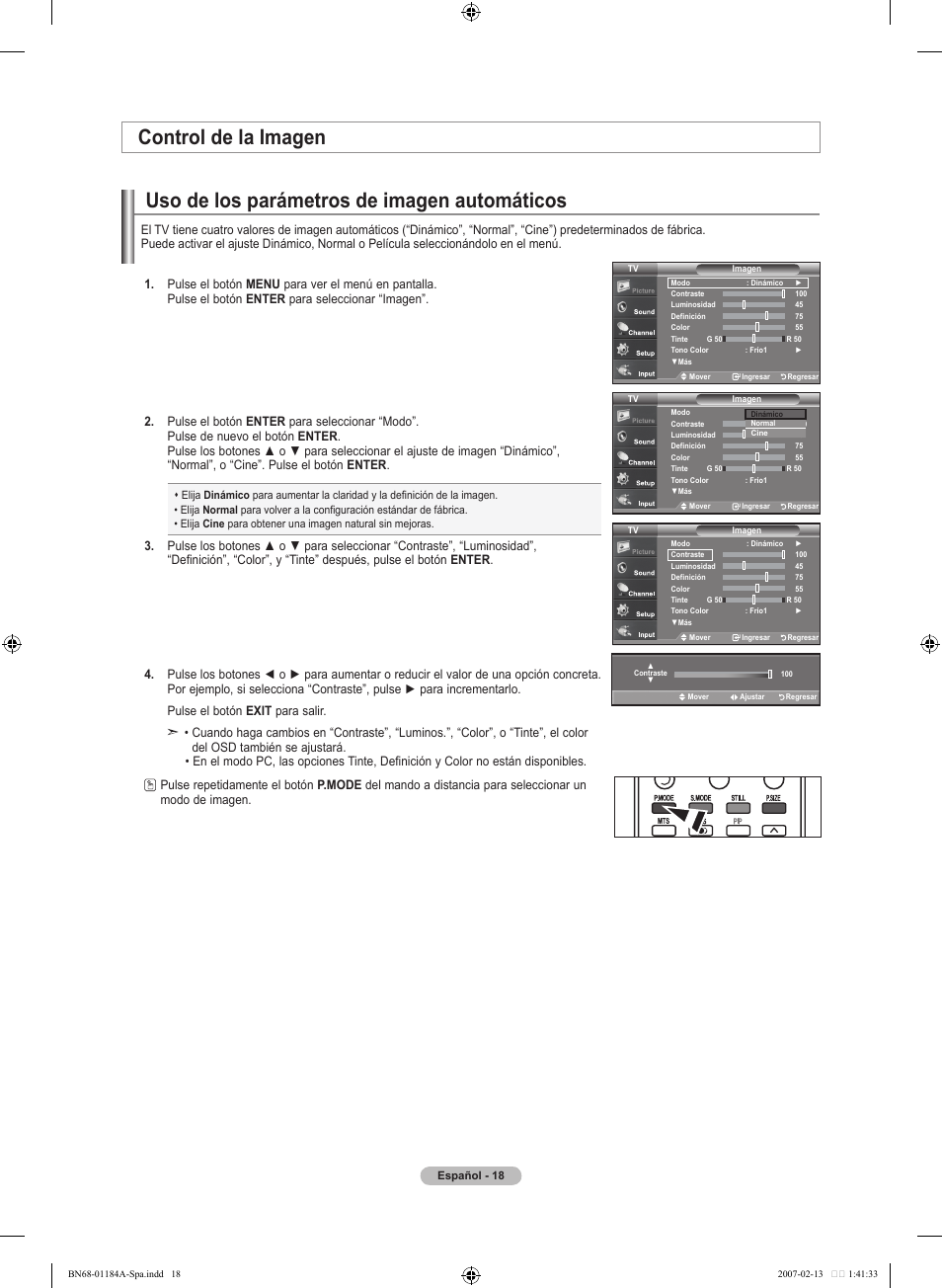 Uso de los parámetros de imagen automáticos, Control de la imagen | Samsung LNT1954HX-XAA User Manual | Page 77 / 116
