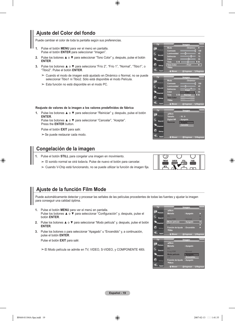 Ajuste del color del fondo, Congelación de la imagen, Ajuste de la función film mode | Samsung LNT1954HX-XAA User Manual | Page 78 / 116