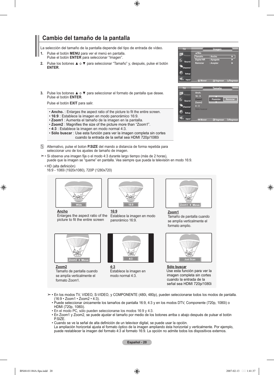 Cambio del tamaño de la pantalla | Samsung LNT1954HX-XAA User Manual | Page 79 / 116