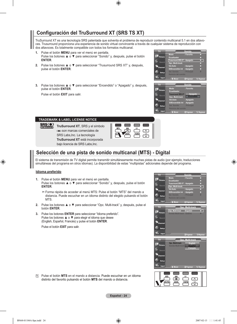 Configuración del trusurround xt (srs ts xt) | Samsung LNT1954HX-XAA User Manual | Page 83 / 116