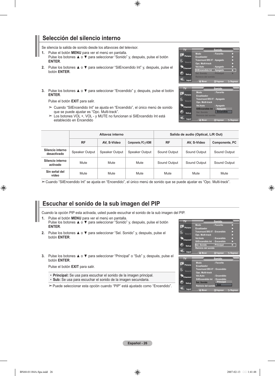 Selección del silencio interno, Escuchar el sonido de la sub imagen del pip | Samsung LNT1954HX-XAA User Manual | Page 85 / 116