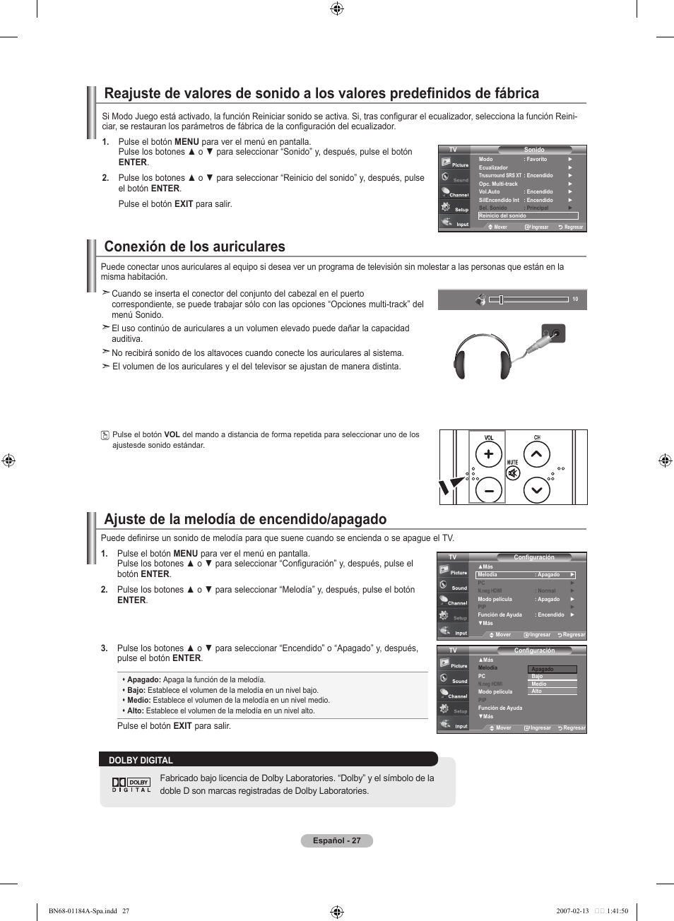Conexión de los auriculares, Ajuste de la melodía de encendido/apagado | Samsung LNT1954HX-XAA User Manual | Page 86 / 116