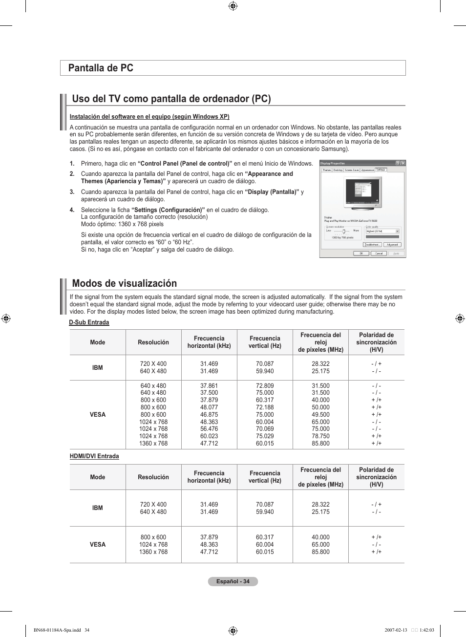 Uso del tv como pantalla de ordenador (pc), Modos de visualización pantalla de pc | Samsung LNT1954HX-XAA User Manual | Page 93 / 116