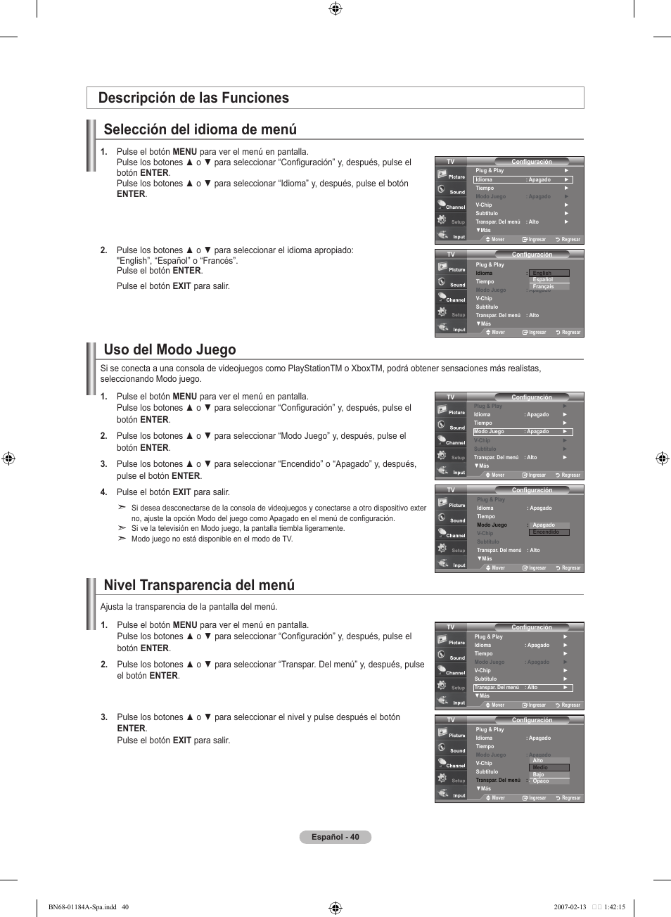 Selección del idioma de menú, Descripción de las funciones, Uso del modo juego | Nivel transparencia del menú | Samsung LNT1954HX-XAA User Manual | Page 99 / 116