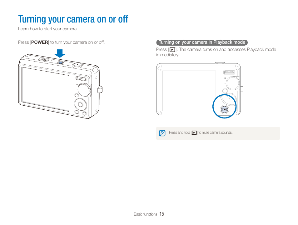 Turning your camera on or off | Samsung EC-SL820SBP-US User Manual | Page 16 / 95