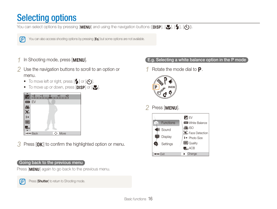 Selecting options | Samsung EC-SL820SBP-US User Manual | Page 17 / 95