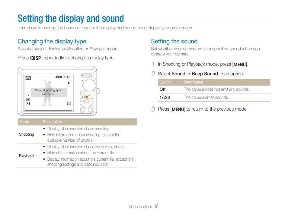 Setting the display and sound, Changing the display type, Setting the sound | Changing the display type ………………………………… 18, Setting the sound …………………………………………… 18 | Samsung EC-SL820SBP-US User Manual | Page 19 / 95