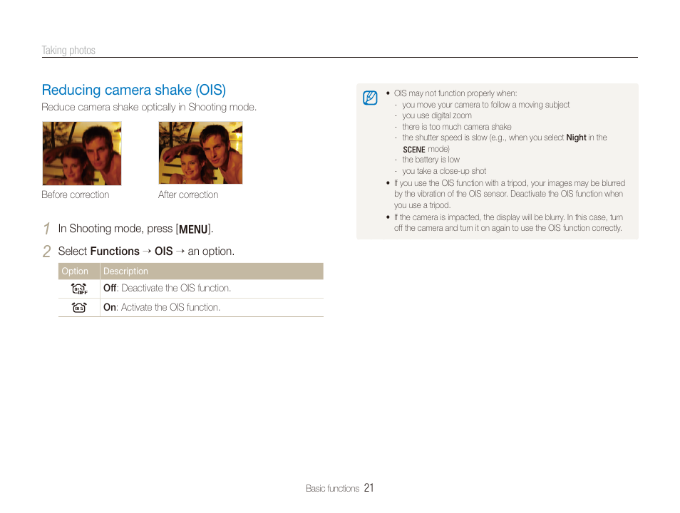 Reducing camera shake (ois), Reducing camera shake (ois) ……………………………… 21 | Samsung EC-SL820SBP-US User Manual | Page 22 / 95