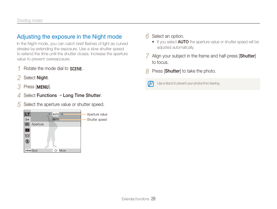 Adjusting the exposure in the night mode | Samsung EC-SL820SBP-US User Manual | Page 29 / 95