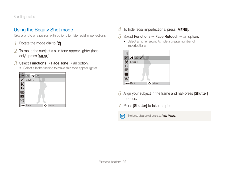 Using the beauty shot mode, Using the beauty shot mode ……………………………… 29 | Samsung EC-SL820SBP-US User Manual | Page 30 / 95