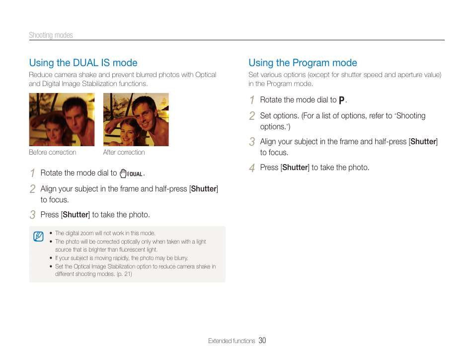 Using the dual is mode, Using the program mode, P. 30) | Using the dual is mode …………………………………… 30, Using the program mode …………………………………… 30 | Samsung EC-SL820SBP-US User Manual | Page 31 / 95