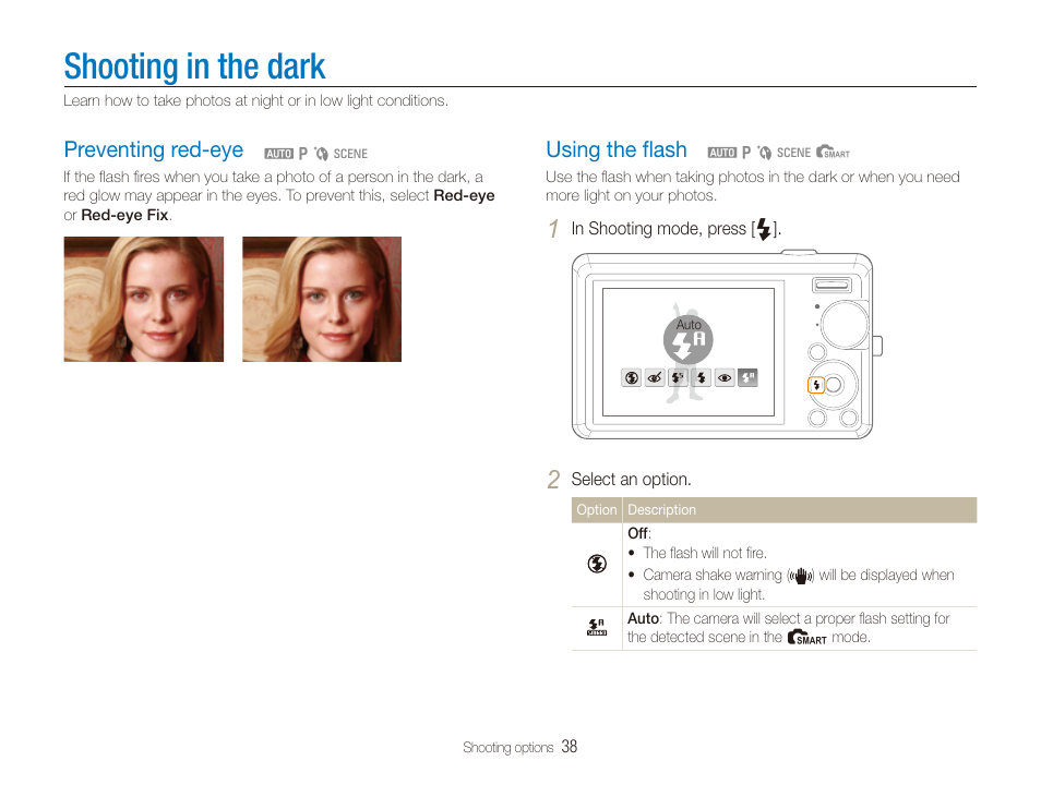 Shooting in the dark, Preventing red-eye, Using the flash | Using the ﬂash, P. 38), Preventing red-eye …………………………… 38, Using the ﬂash ………………………………… 38 | Samsung EC-SL820SBP-US User Manual | Page 39 / 95