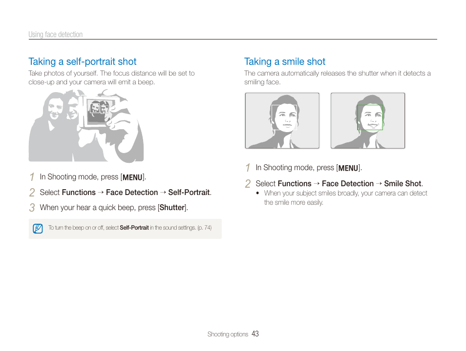 Taking a self-portrait shot, Taking a smile shot, Taking a self-portrait shot ……………………… 43 | Taking a smile shot …………………………… 43 | Samsung EC-SL820SBP-US User Manual | Page 44 / 95