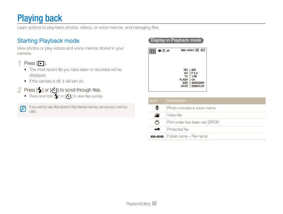 Playing back, Starting playback mode, Starting playback mode …………………………………… 52 | Samsung EC-SL820SBP-US User Manual | Page 53 / 95