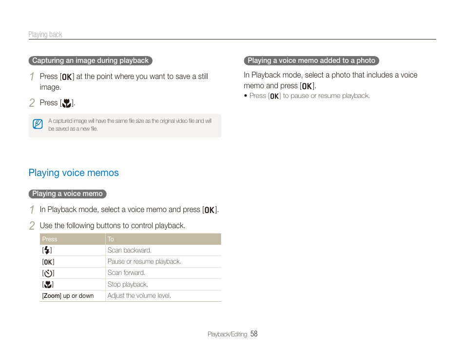 Playing voice memos, Playing voice memos ……………………………………… 58 | Samsung EC-SL820SBP-US User Manual | Page 59 / 95