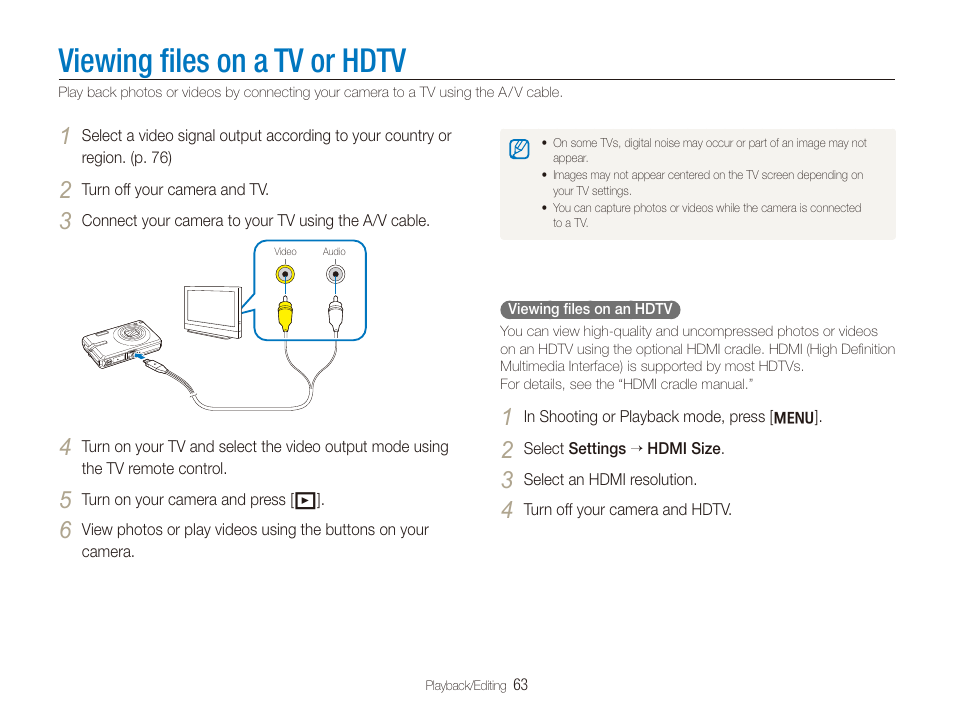 Viewing files on a tv or hdtv, Viewing ﬁles on a tv or hdtv | Samsung EC-SL820SBP-US User Manual | Page 64 / 95