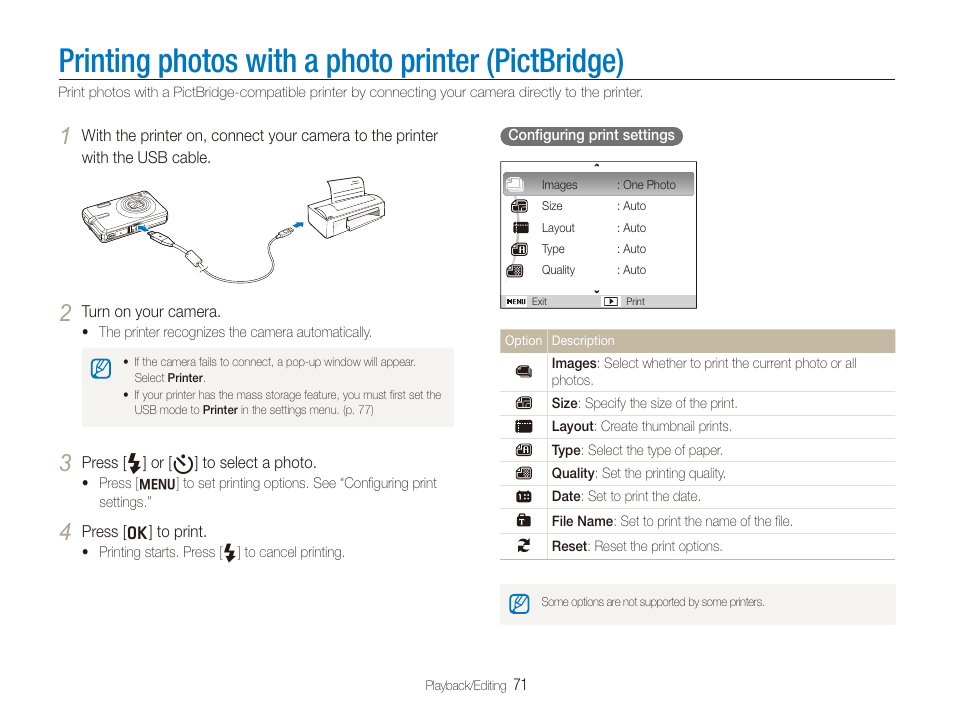 Printing photos with a photo printer (pictbridge) | Samsung EC-SL820SBP-US User Manual | Page 72 / 95