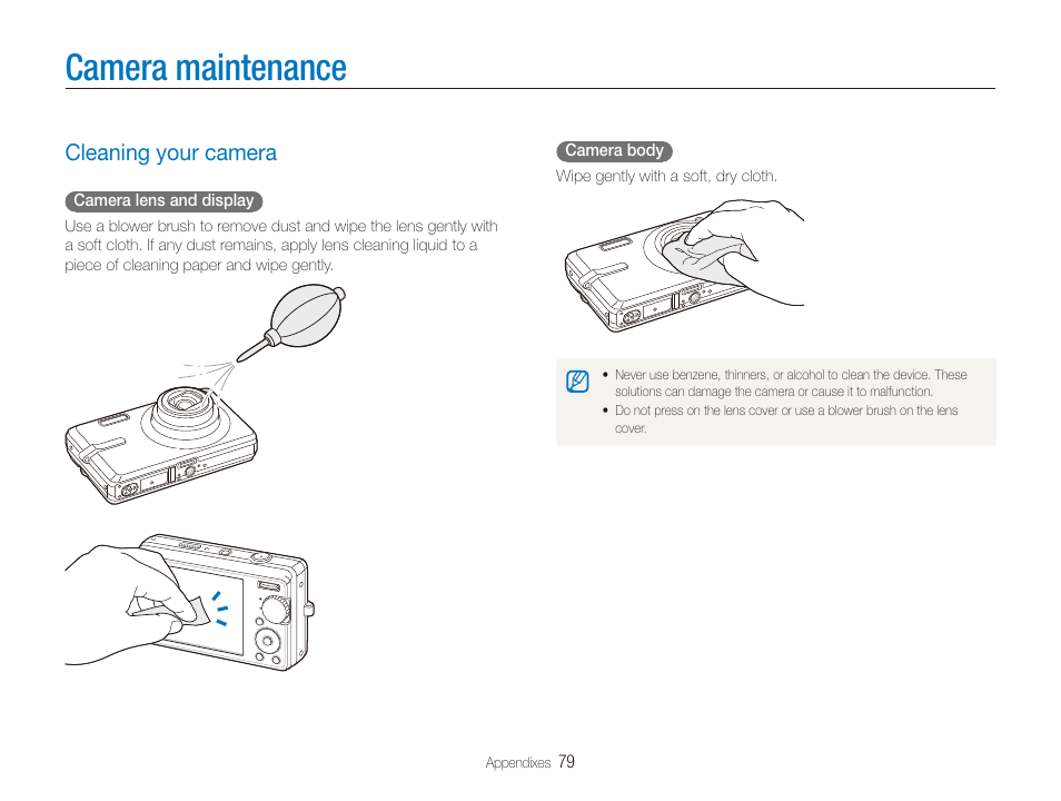 Camera maintenance, Cleaning your camera, Cleaning your camera ……………………………………… 79 | Samsung EC-SL820SBP-US User Manual | Page 80 / 95