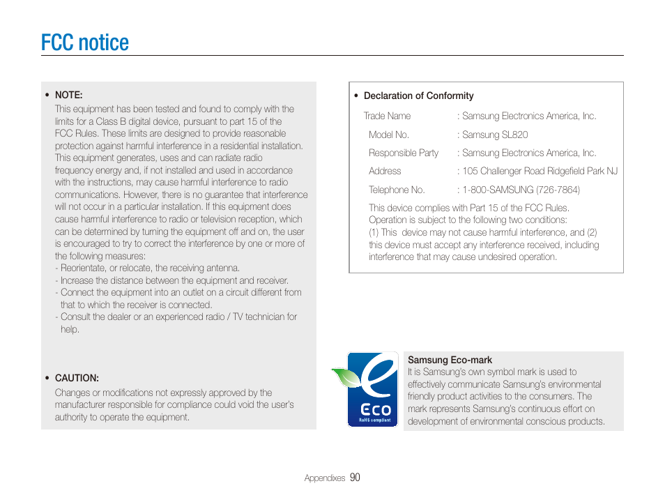 Fcc notice | Samsung EC-SL820SBP-US User Manual | Page 91 / 95