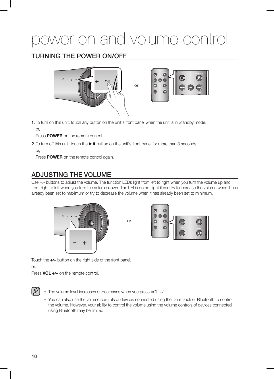 Power on and volume control, Turning the power on/off, Adjusting the volume | Samsung DA-E651-ZA User Manual | Page 10 / 29